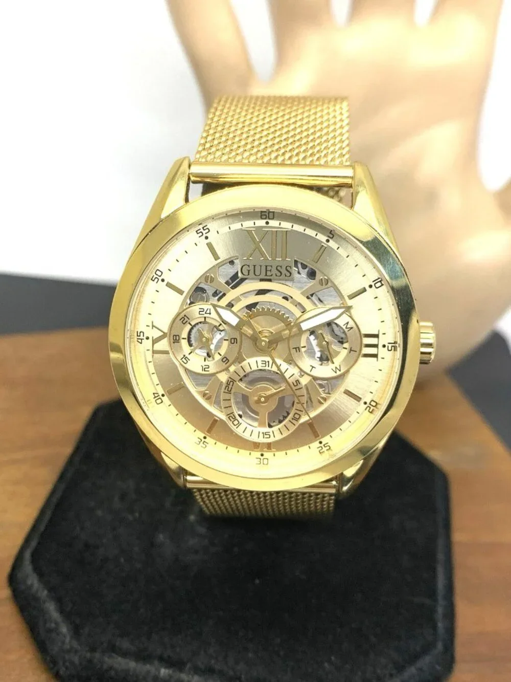 Guess Men's Watch GW0368G2 Quartz Gold Dial Mesh Stainless Steel 42mm